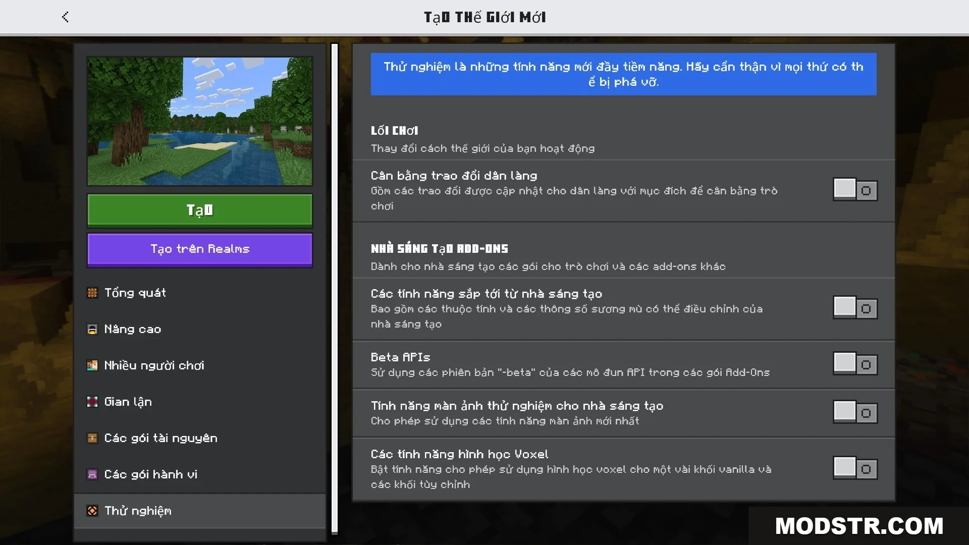 Minecraft world creation menu screen with various settings translated into Vietnamese language