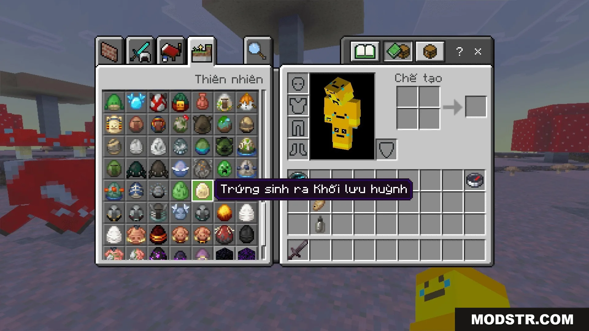 Creative inventory menu displaying translated item names and descriptions in Vietnamese