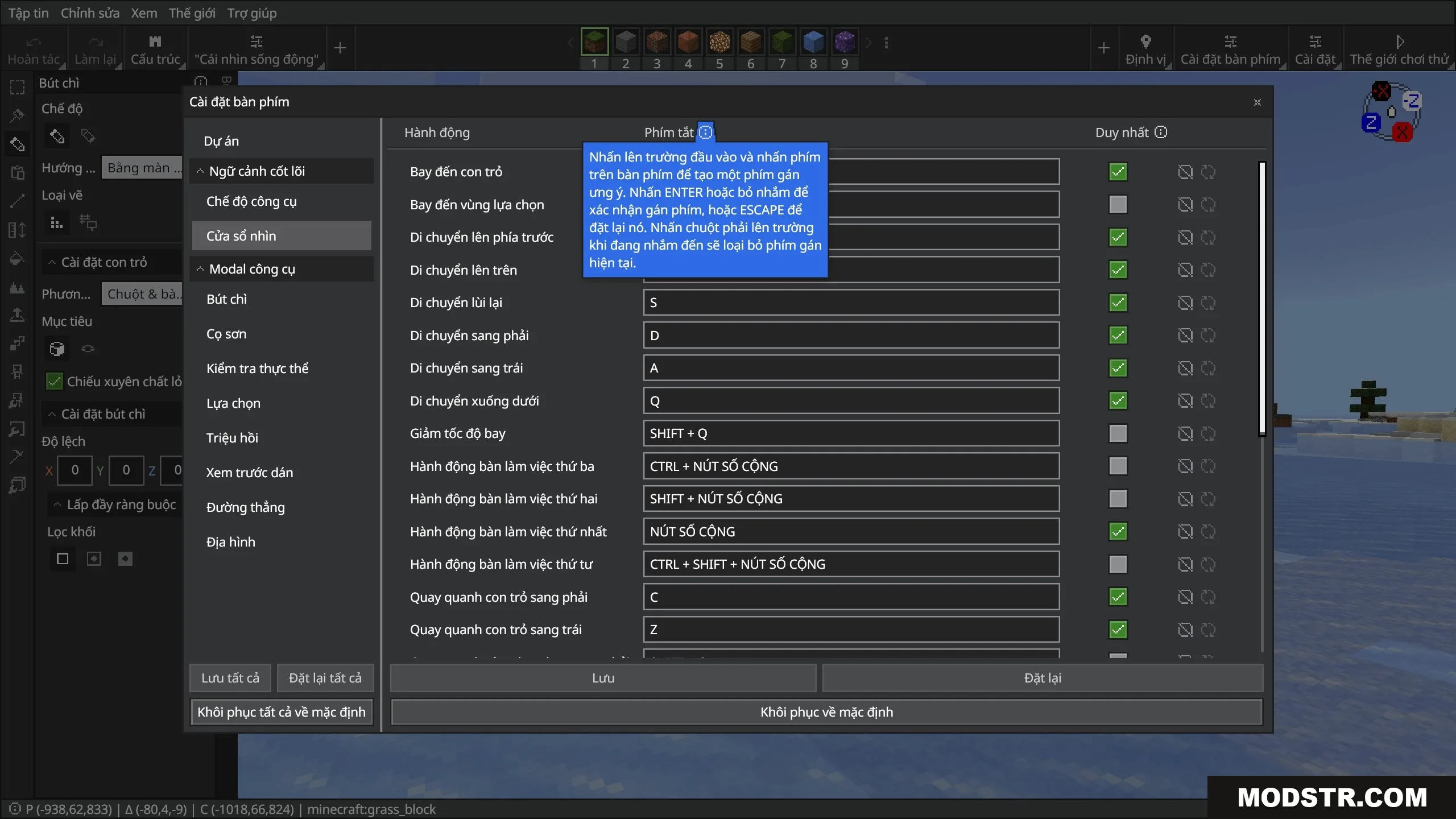 Keyboard settings menu showing game controls and instructions translated into Vietnamese language