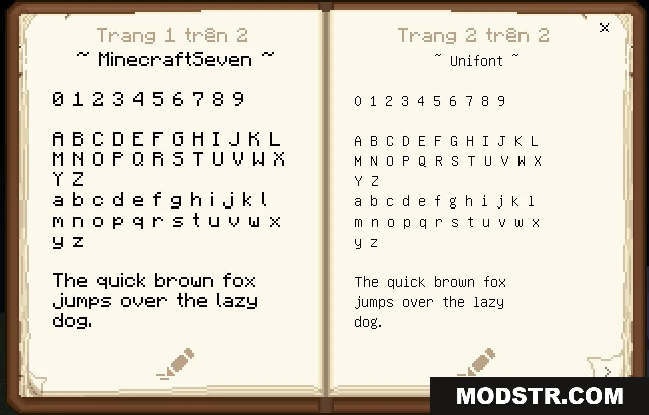 Minecraft book interface displaying various font options for the Vietnamese language pack