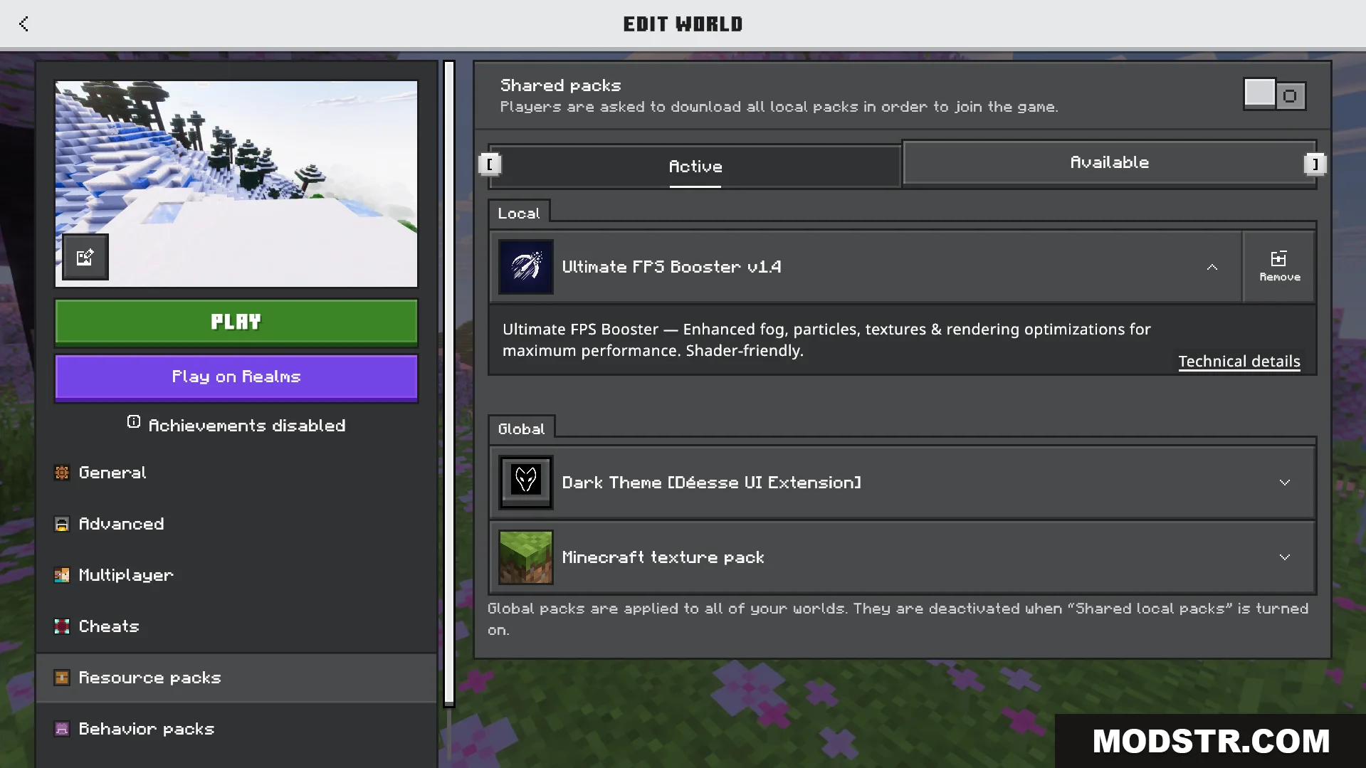 Ultimate FPS Booster Texture Pack Screenshot 1 Minecraft edit world menu showing the Ultimate FPS Booster texture pack active