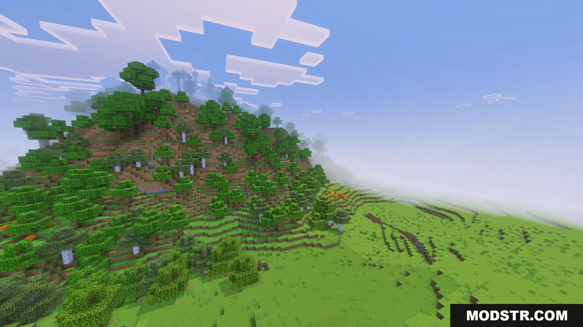 Ultimate FPS Booster Texture Pack Screenshot 4 Lush green landscape with trees and clear skies in an optimized world