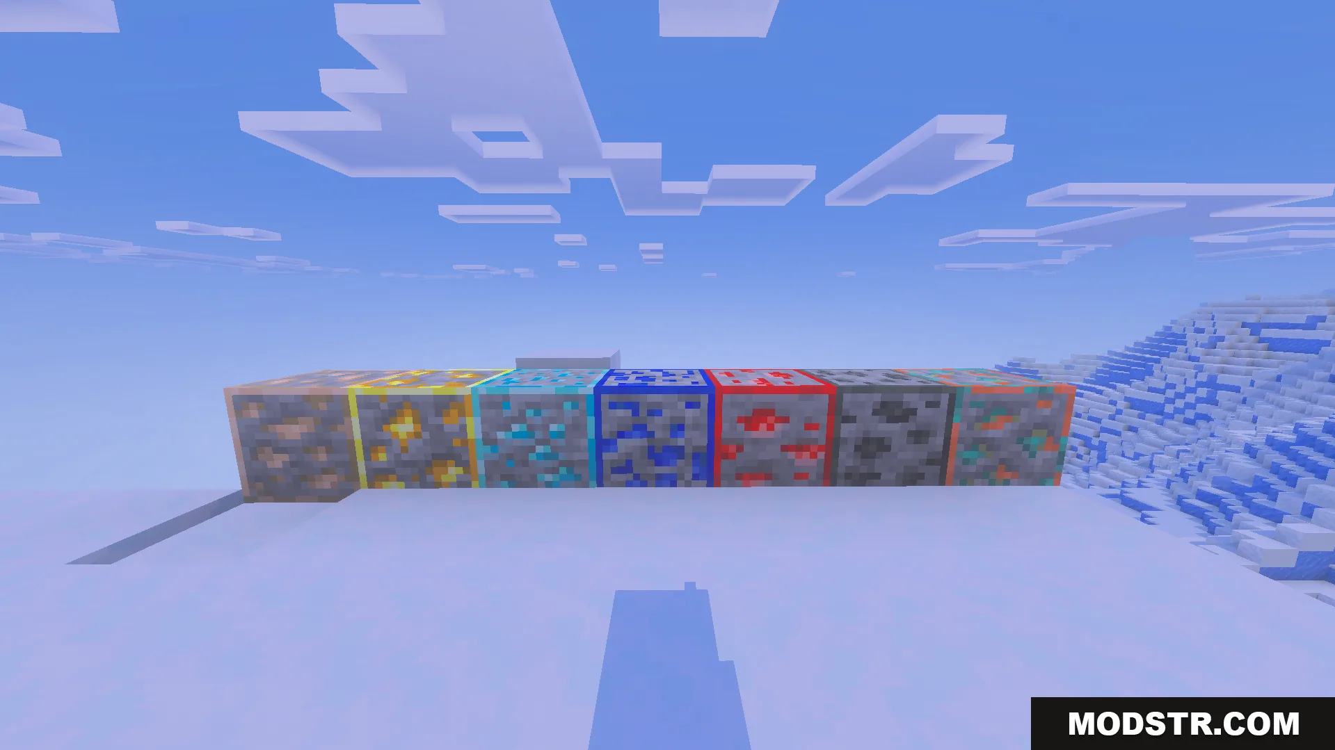 Ultimate FPS Booster Texture Pack Screenshot 2 Various Minecraft ore blocks with bright colored outlines placed on a snowy landscape