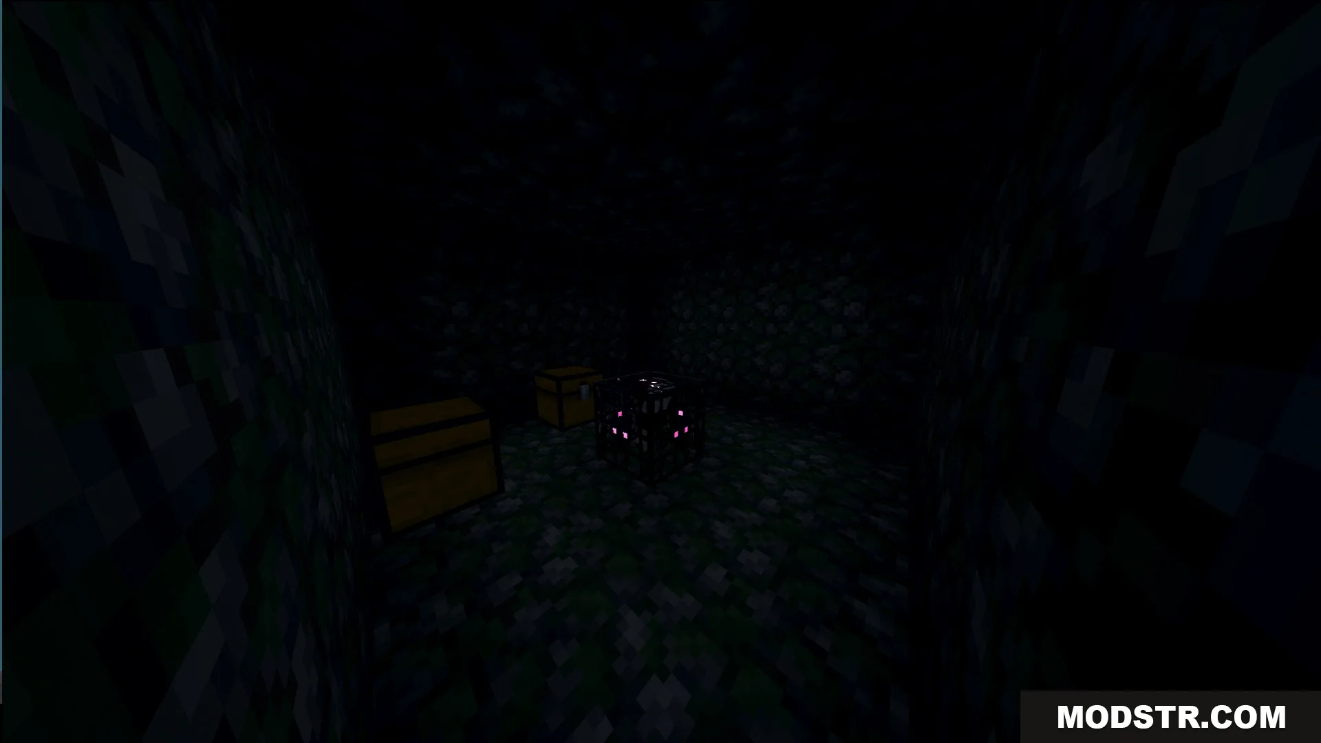 Ultimate Skyblock Adventure Map Screenshot 8 A dark dungeon room featuring a monster spawner and two wooden chests