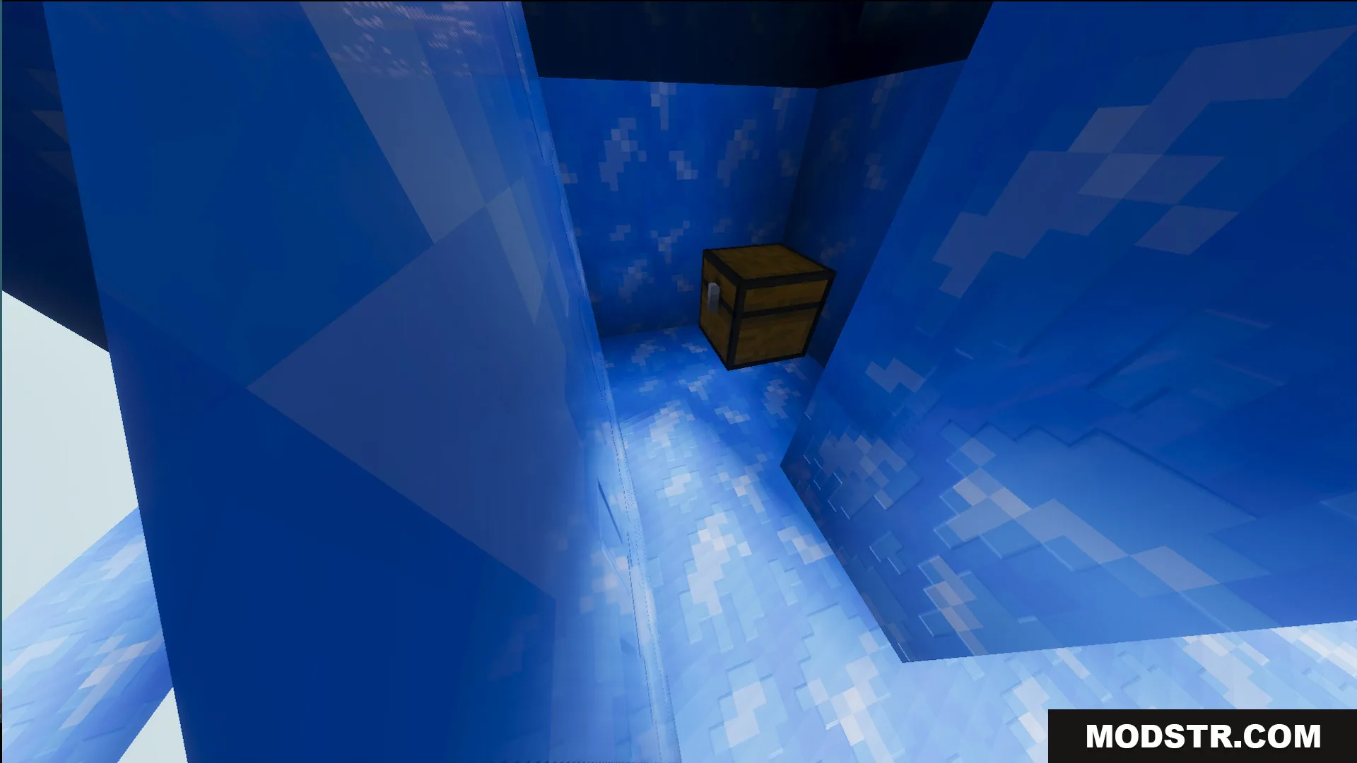 Ultimate Skyblock Adventure Map Screenshot 10 A wooden chest sitting inside a structure made of blue ice blocks