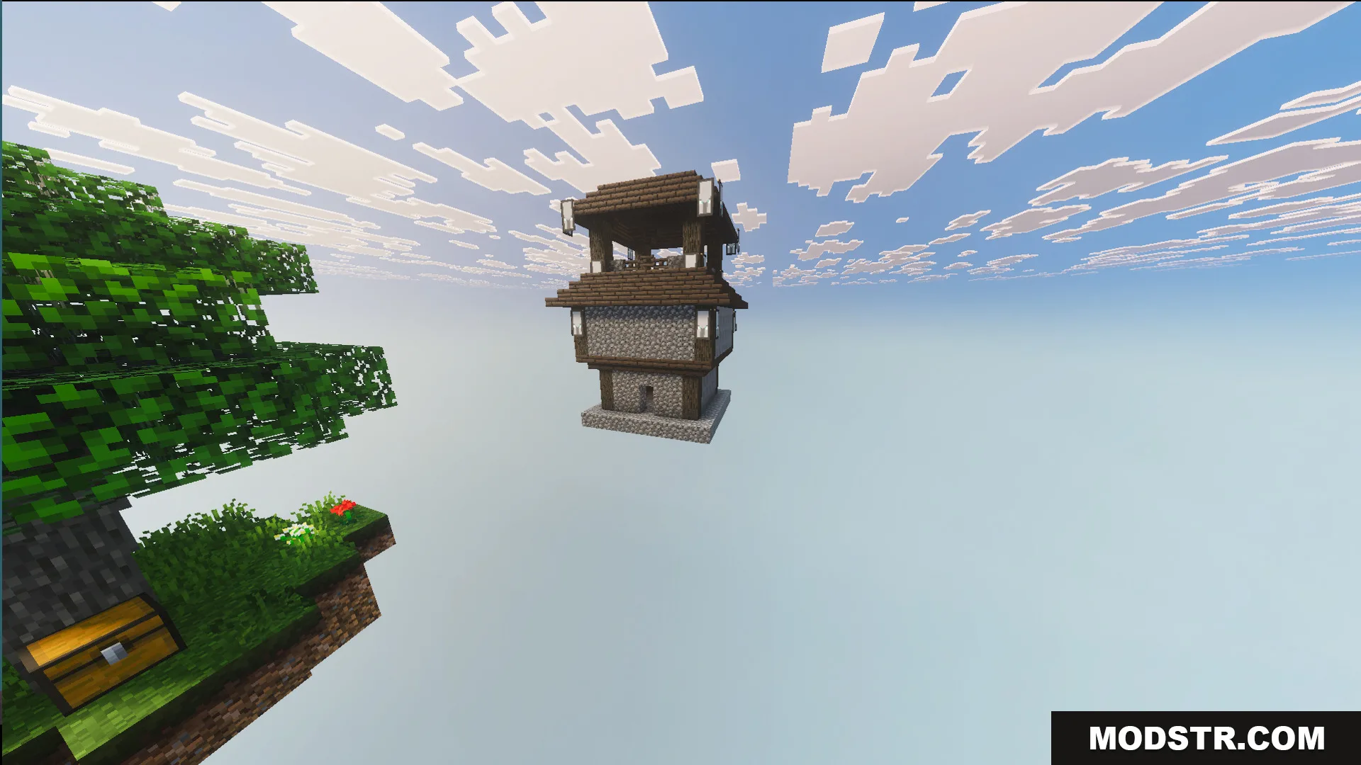 Ultimate Skyblock Adventure Map Screenshot 4 A wooden chest on a floating island near a tall stone tower