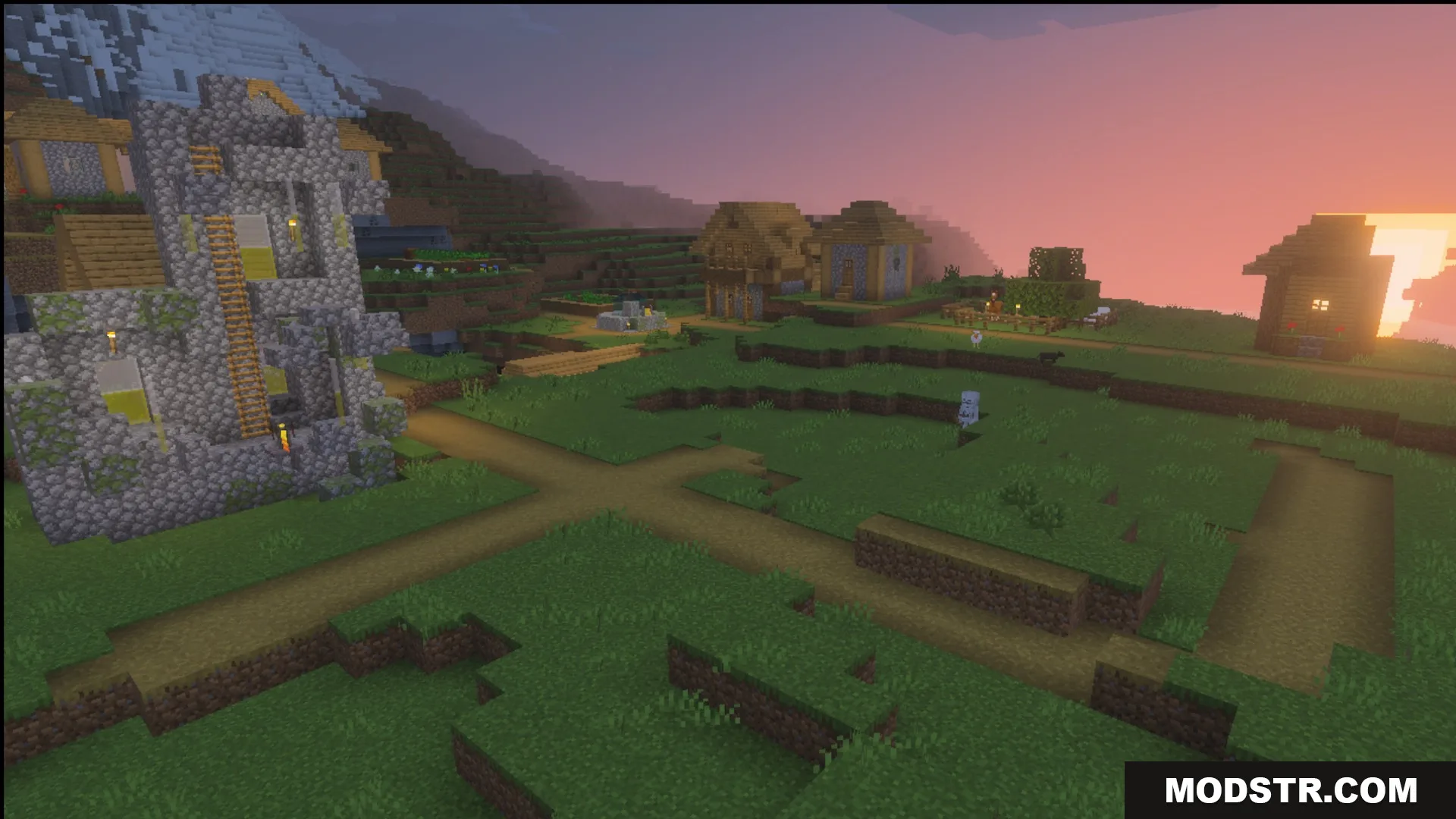A survival village with houses, animals and pathways textured by the Ultimate Survival pack
