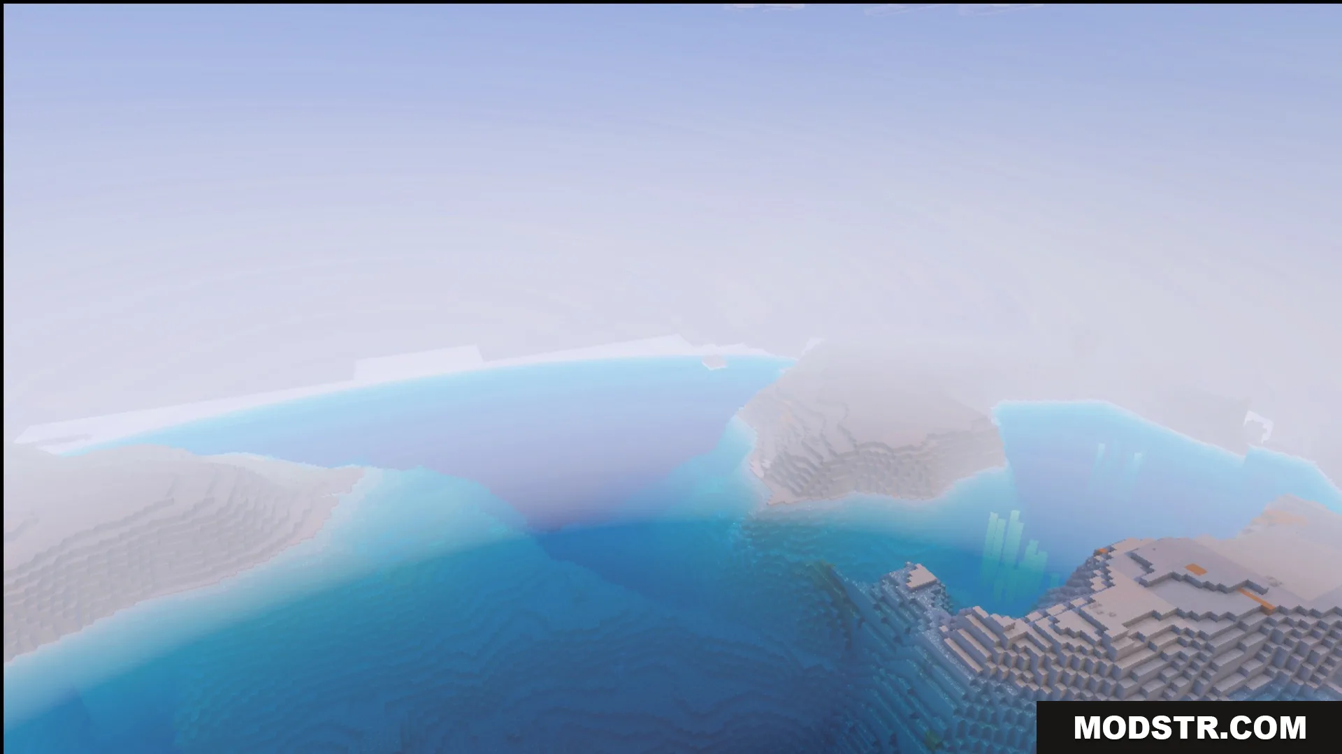 A wide view of the terrain and coastline with the Ultimate Survival pack applied