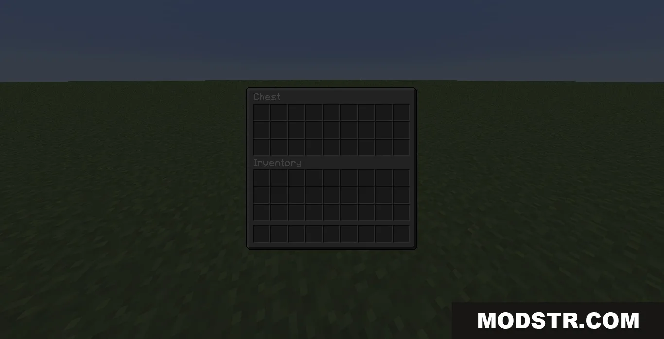 Minimalist dark themed chest interface showing empty storage slots and player inventory
