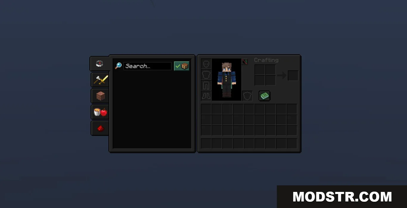 Sleek dark themed Minecraft inventory screen with a character model and recipe book