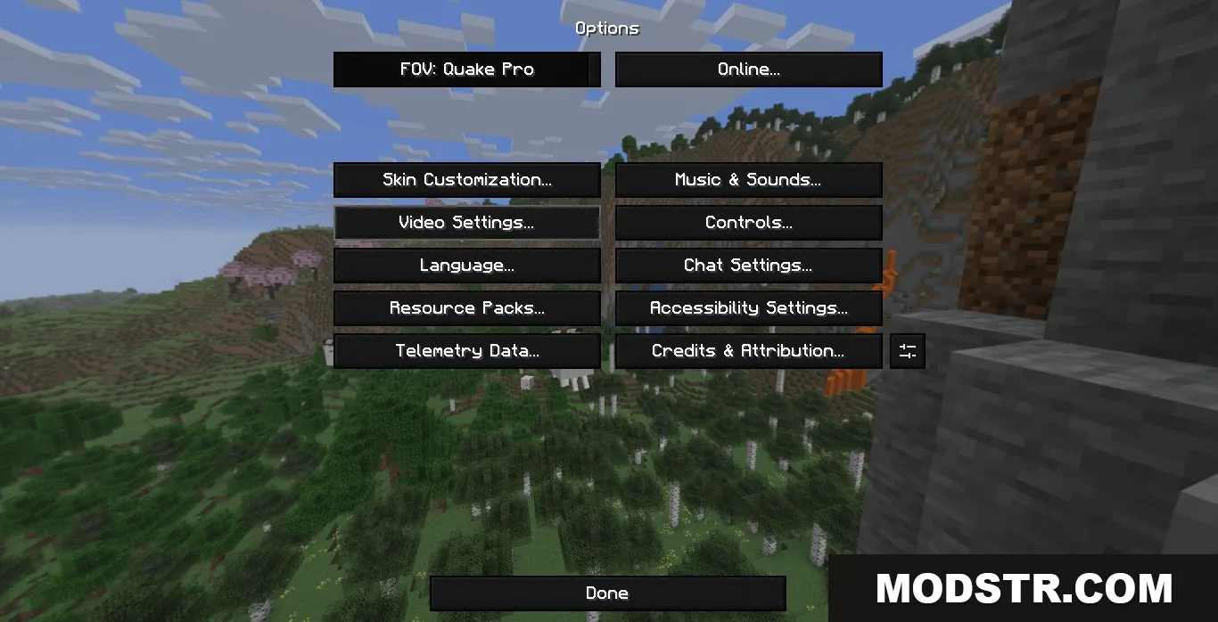 The Minecraft options menu features dark buttons against a scenic landscape background