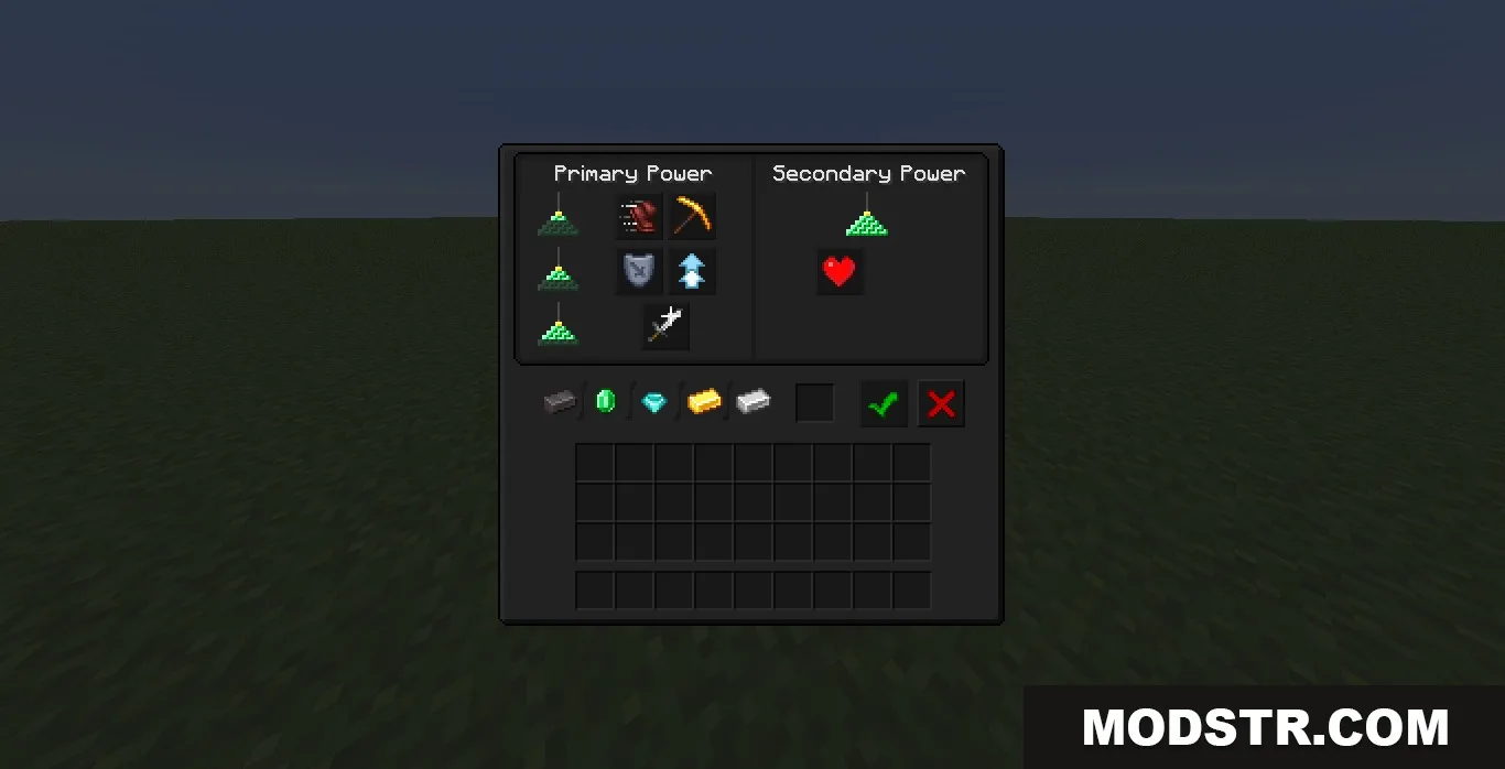 The beacon interface displays a dark layout for selecting primary and secondary powers