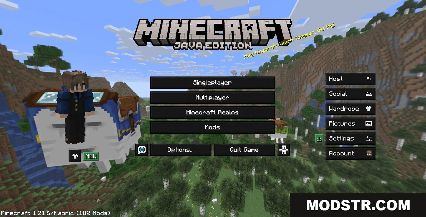 Minecraft main menu screen with a dark theme and a character on left