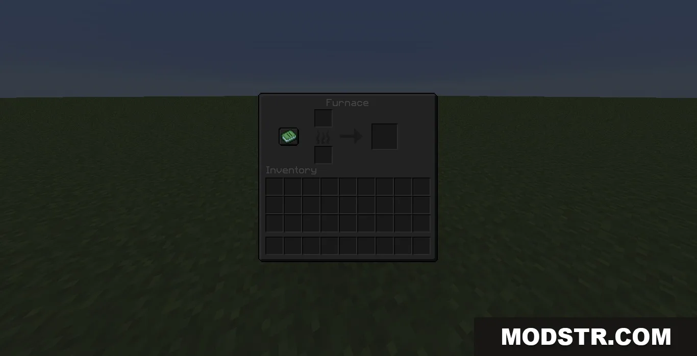 Dark mode furnace interface with a green recipe book and empty slots