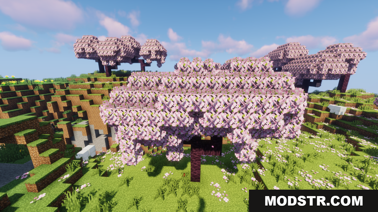 Bushy pink cherry blossom trees growing in a grassy Minecraft landscape