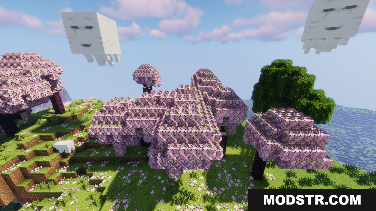 Two Ghasts floating above bushy pink cherry blossom trees in Minecraft