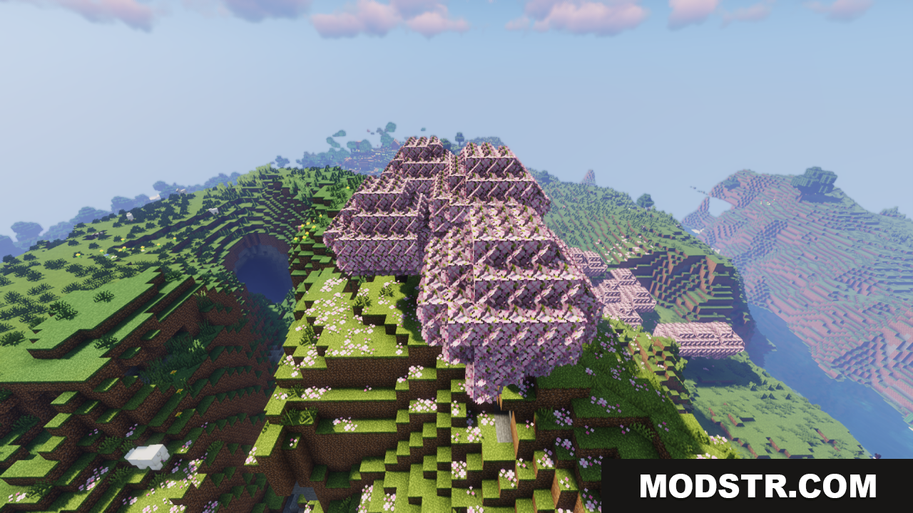 Pink cherry tree displaying the Universal Bushy Leaves texture pack effect