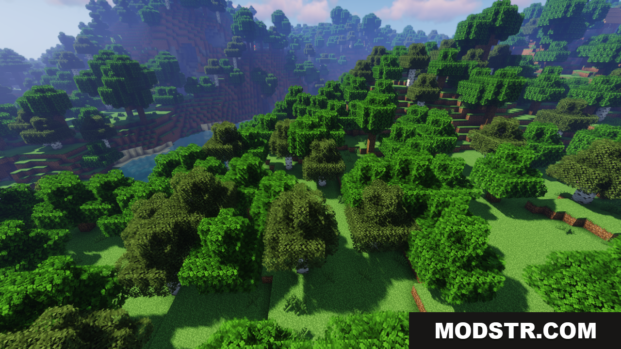 Scenic valley landscape covered in forests with enhanced leaf blocks