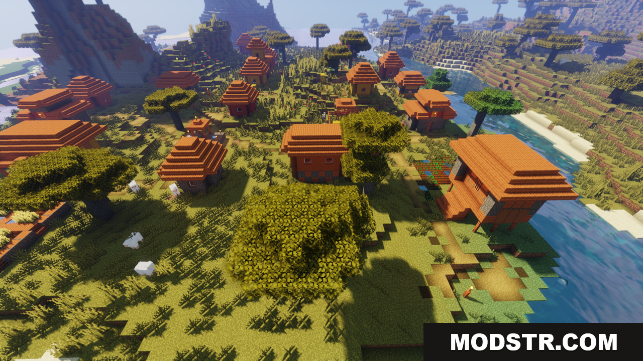 Aerial view of a savanna village featuring bushy acacia leaves