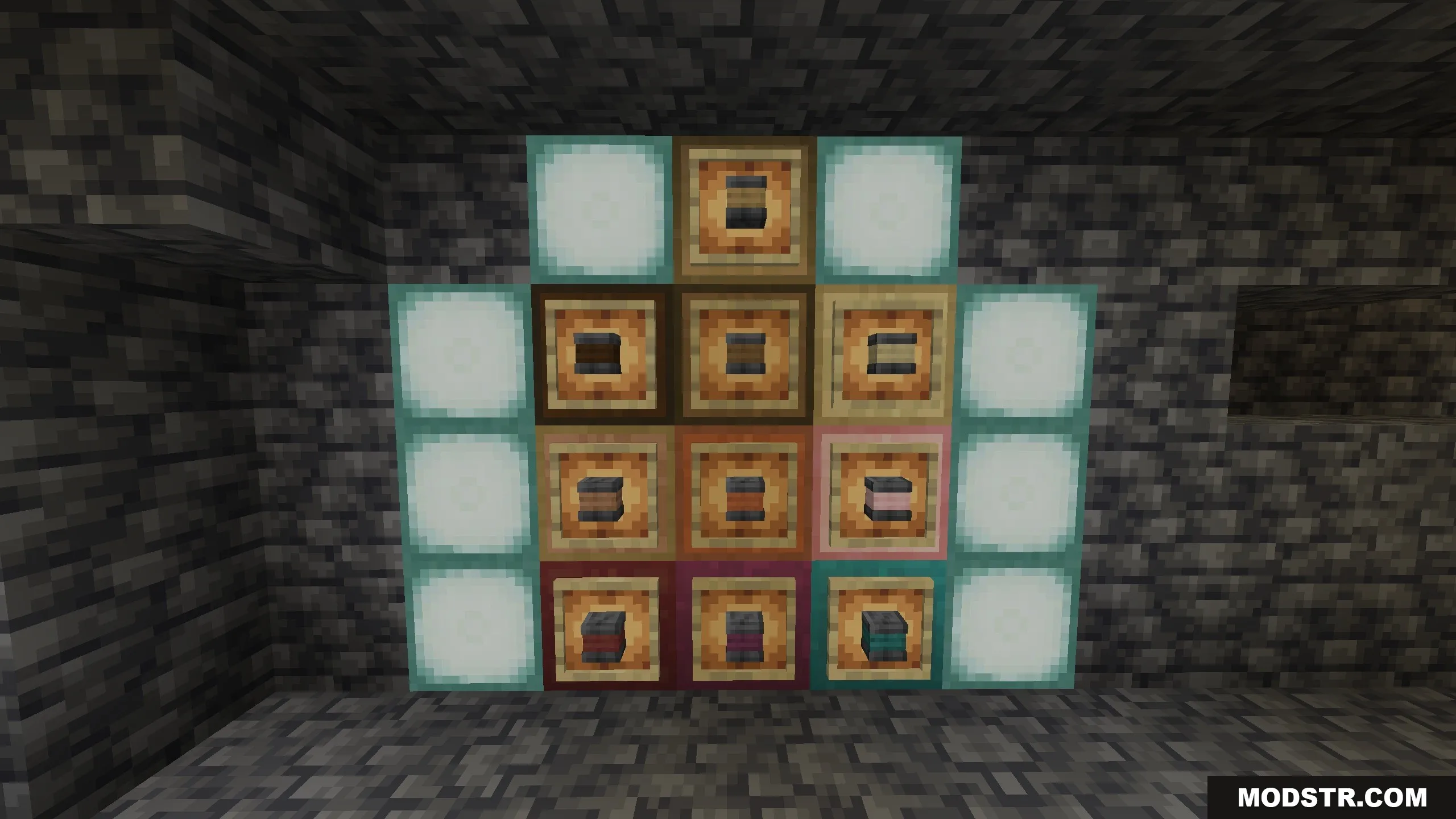 Unstable Depths Data Pack Screenshot 1 Structural pillar blocks from the Unstable Depths data pack displayed in item frames