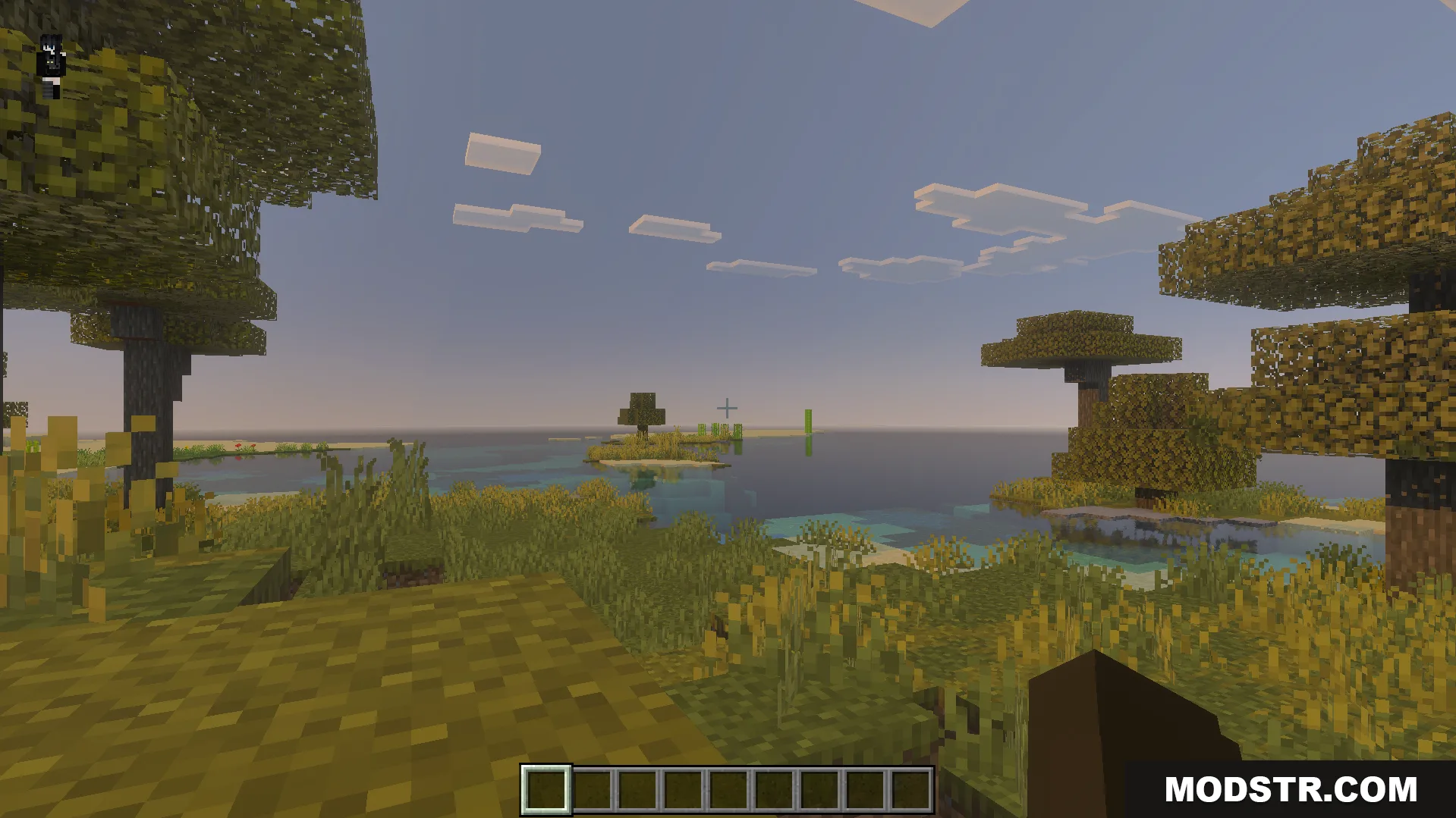 Utility HUD Texture Pack Screenshot 3 Minecraft savanna biome view with acacia trees and water under a clear sky