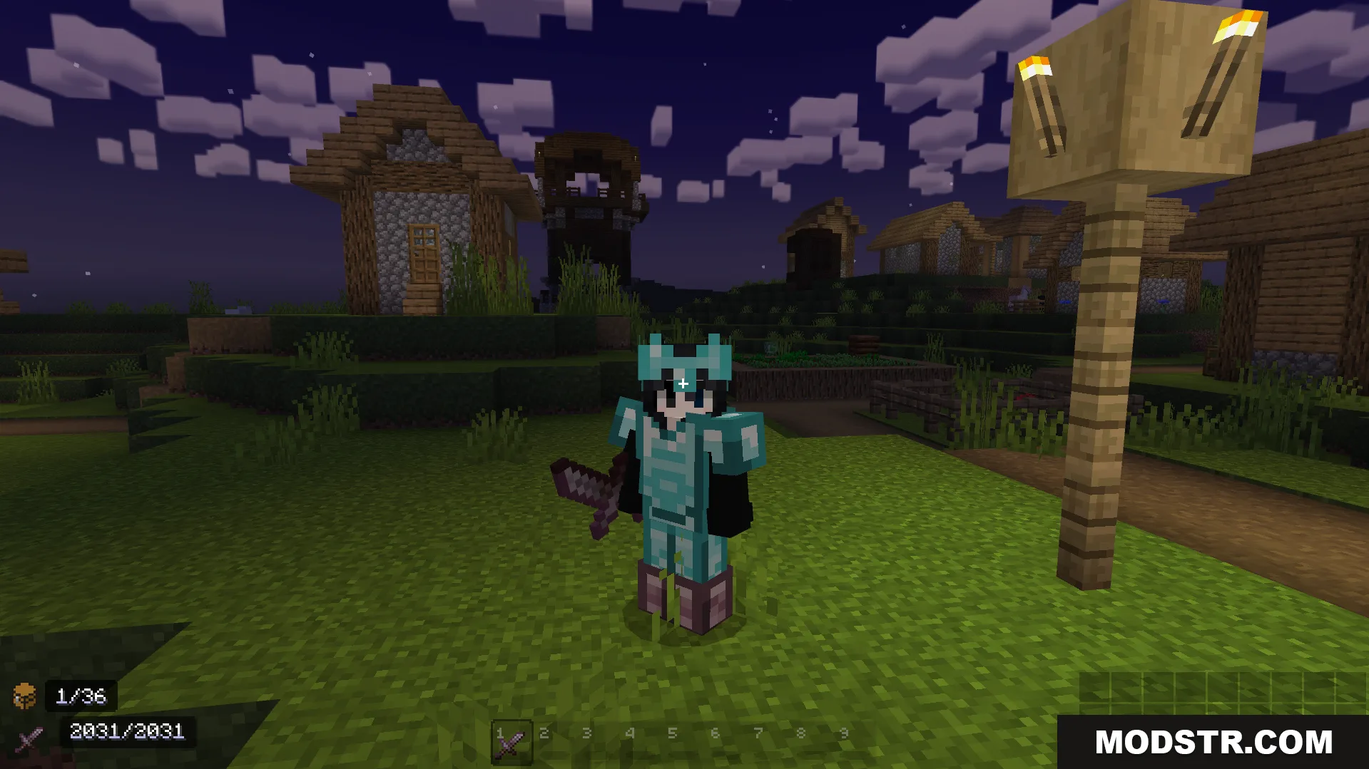 Player wearing diamond armor holds a smaller sword for better visibility