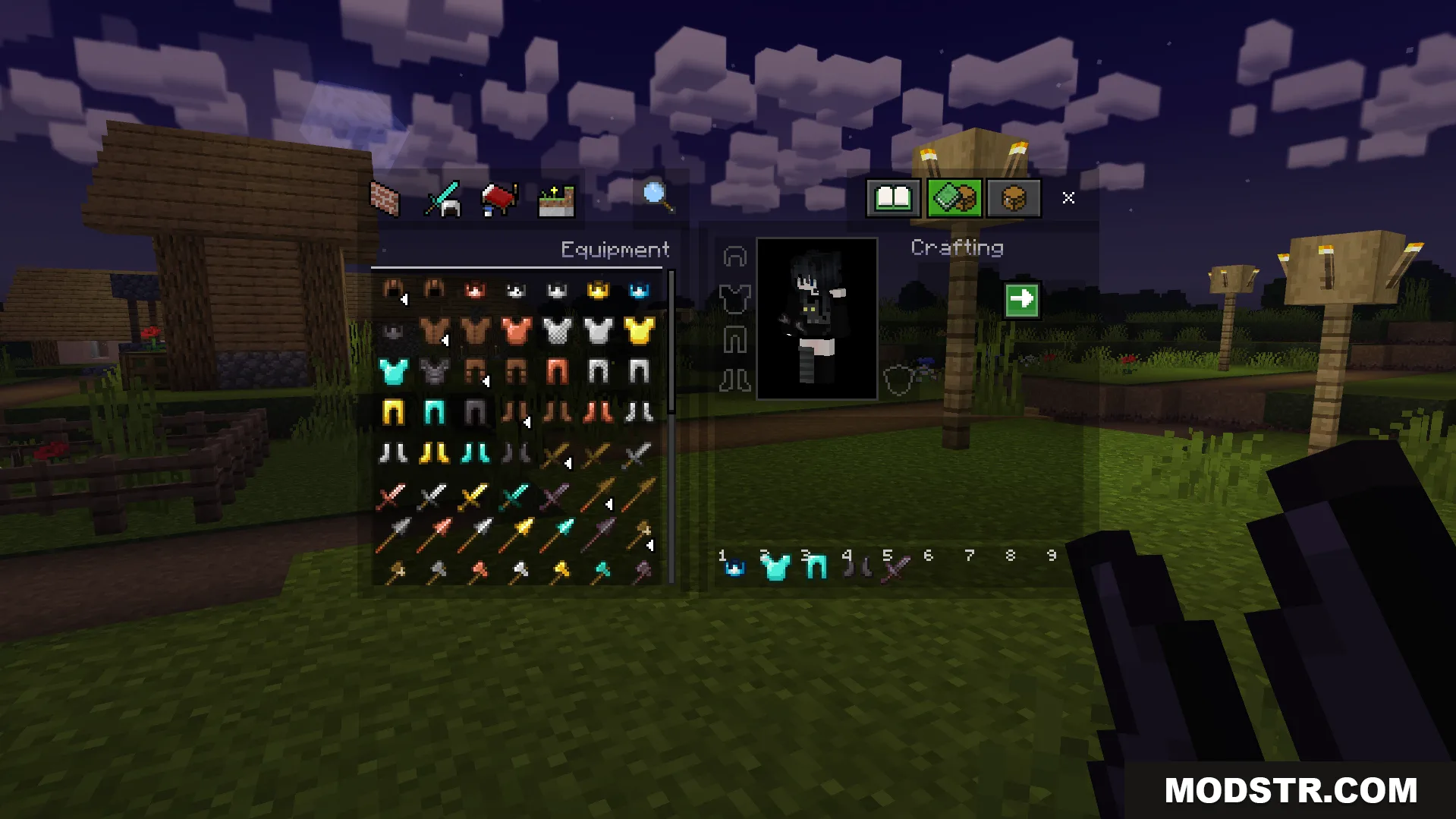 A clear inventory screen shows smaller weapons and armor for combat