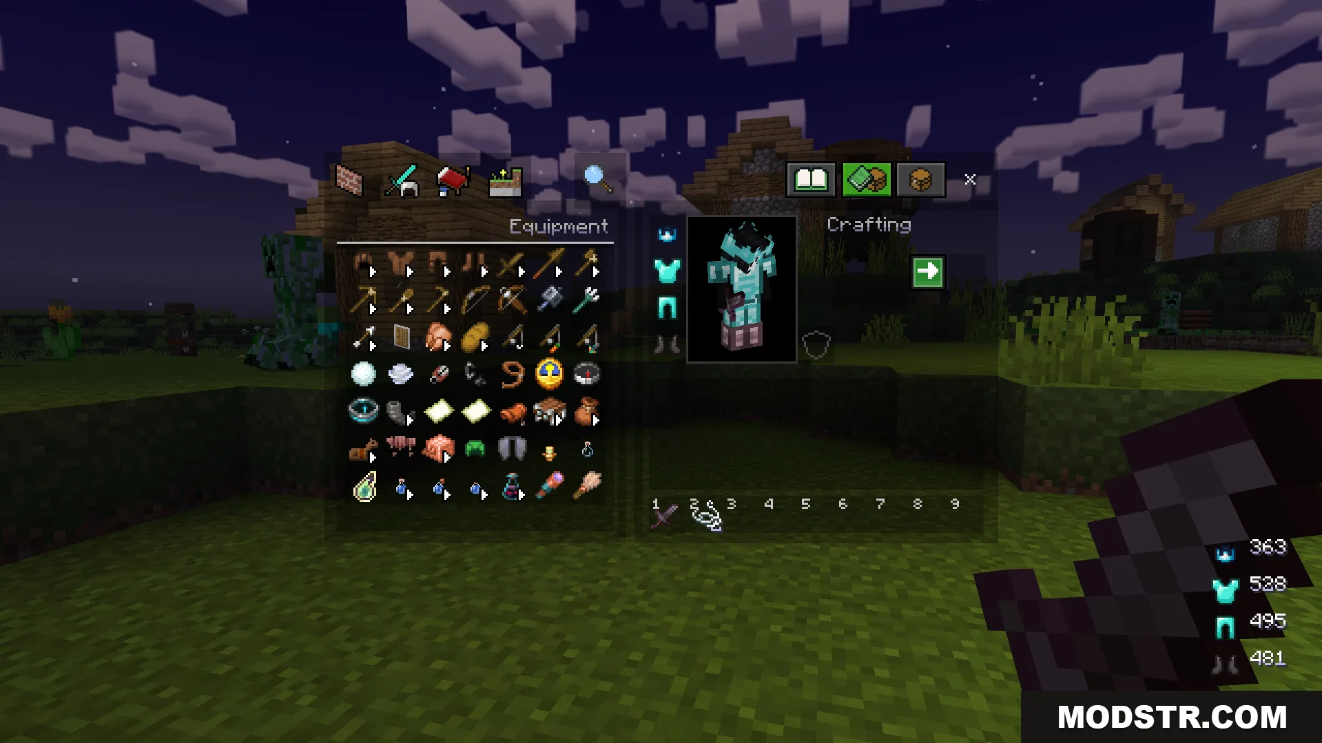 Viewing the inventory screen with various tools and items for fighting