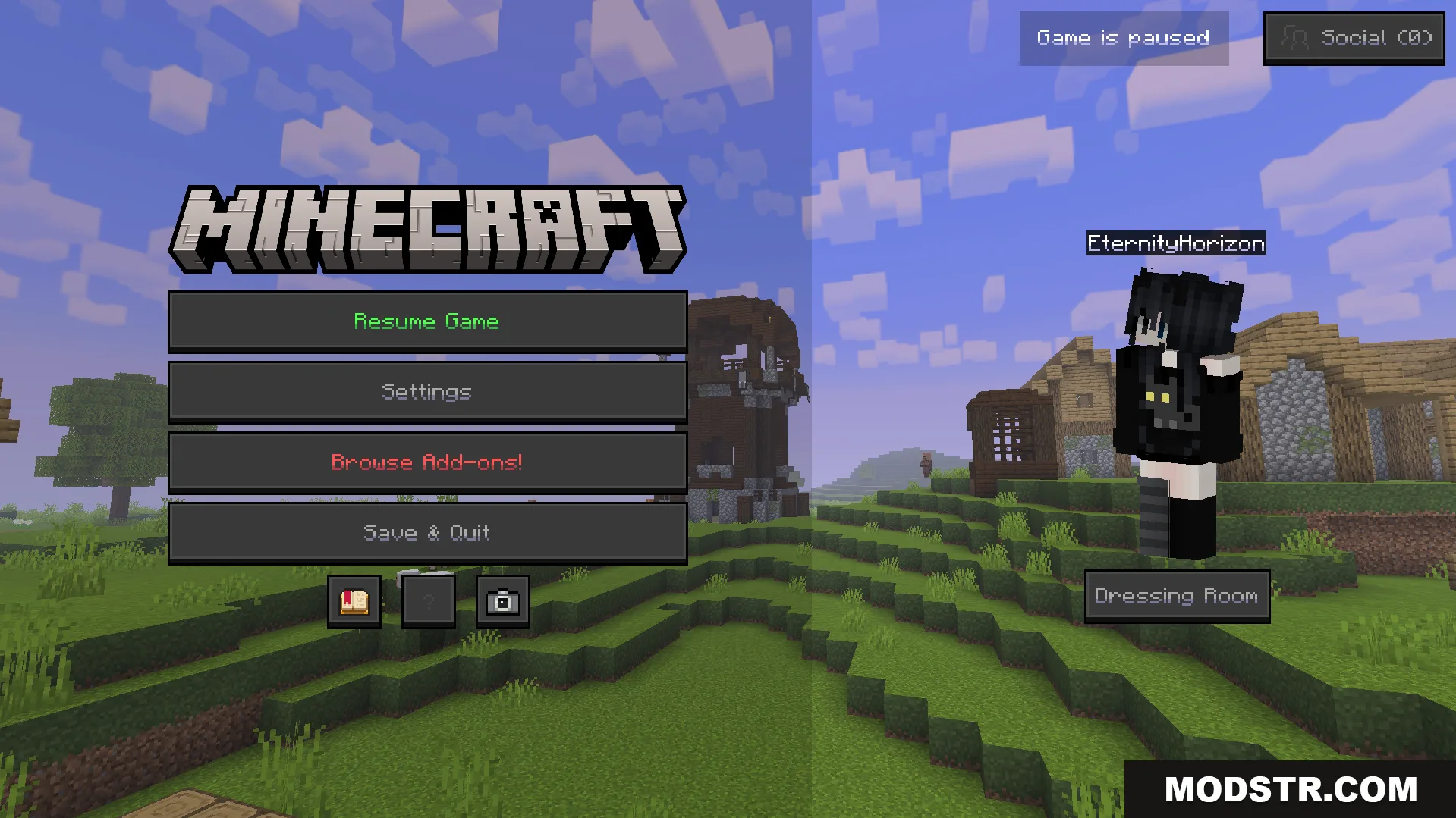A player stands in a village with the game paused