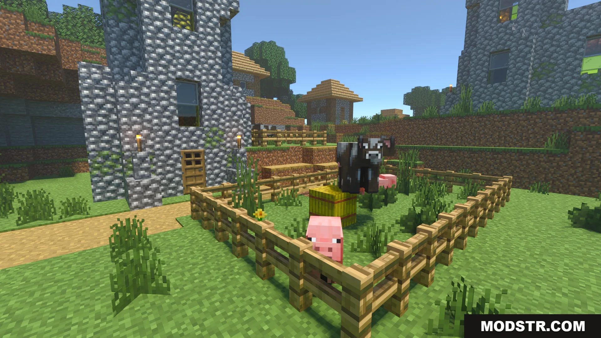 Vanilla RTX Opus Shader adds realistic depth to cobblestone buildings and farm animals