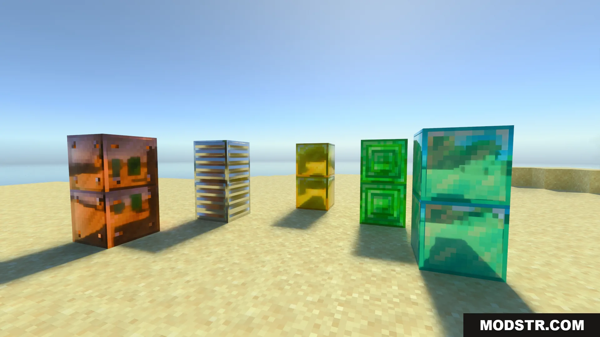 Vanilla RTX Opus Shader displays highly reflective metallic blocks on a sunny beach