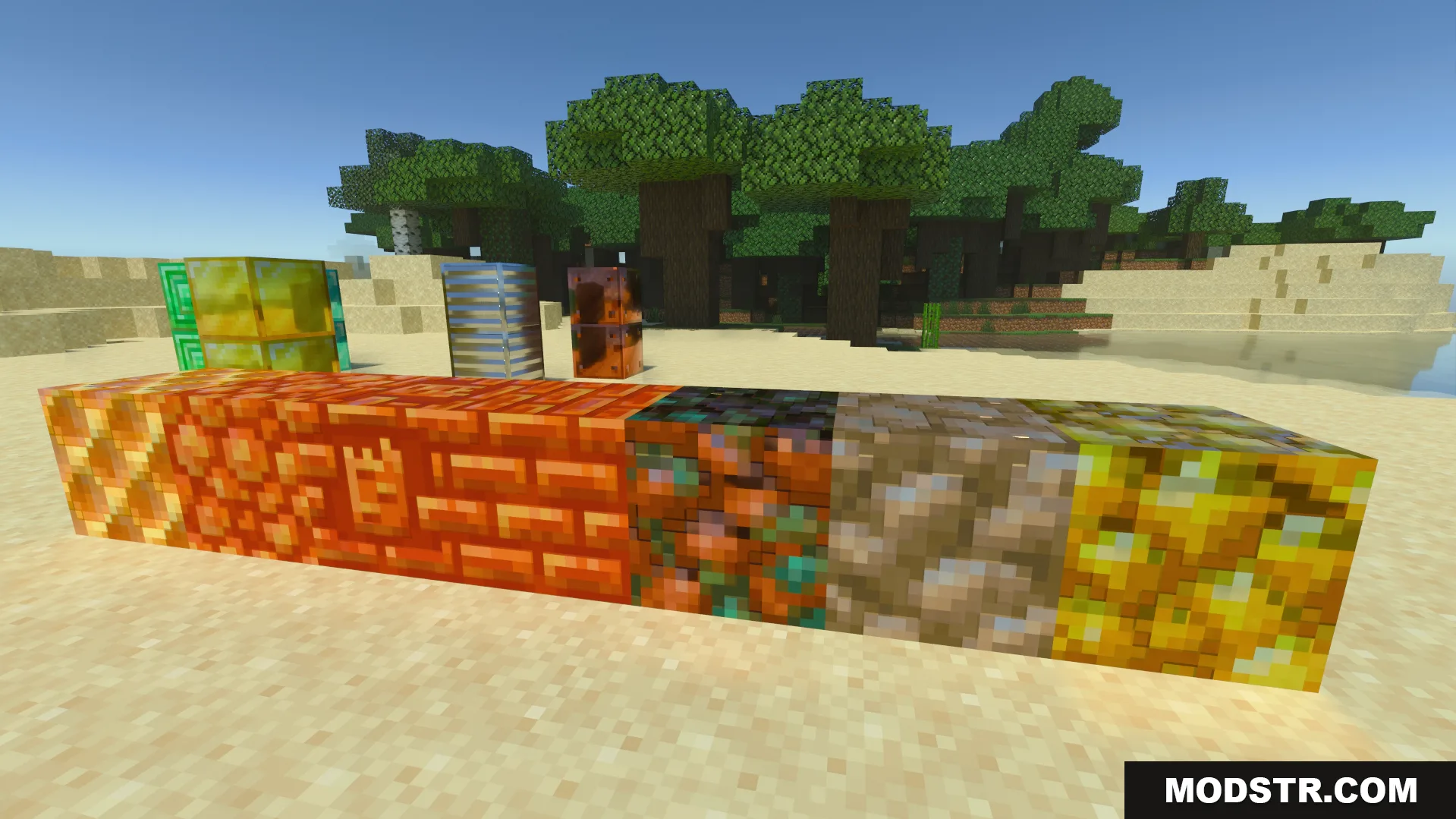 Vanilla RTX Opus Shader displays realistic block textures on a sunny beach