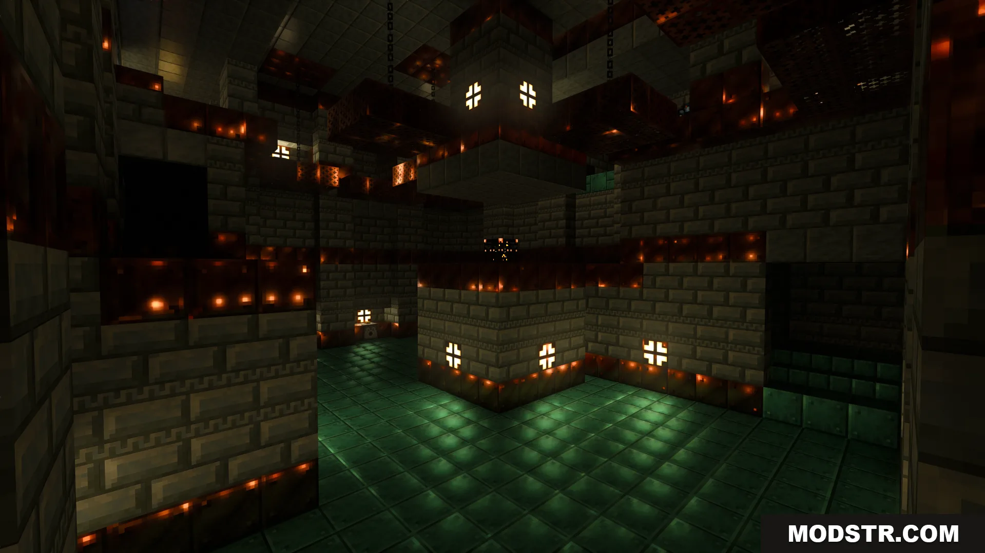 High quality normal maps create bumpy surfaces on tuff bricks and copper floors