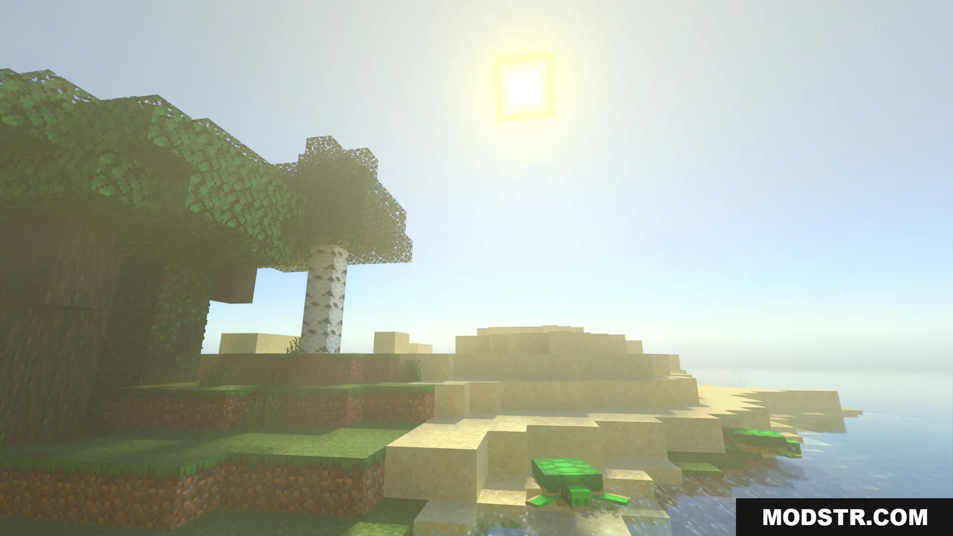 Ray traced graphics showing realistic lighting and shadows on a Minecraft beach