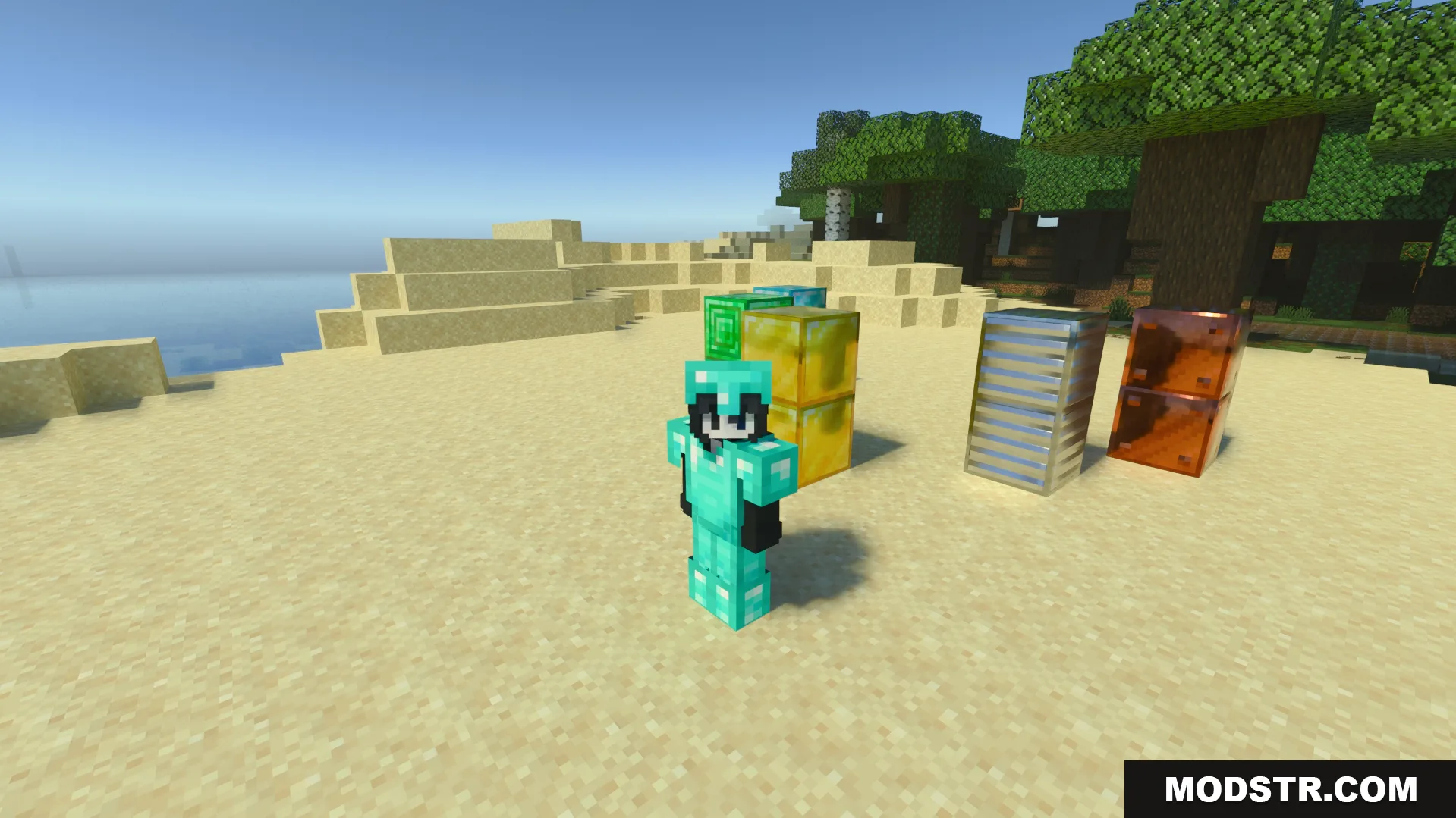 Player wearing diamond armor standing near reflective resource blocks on a sandy beach