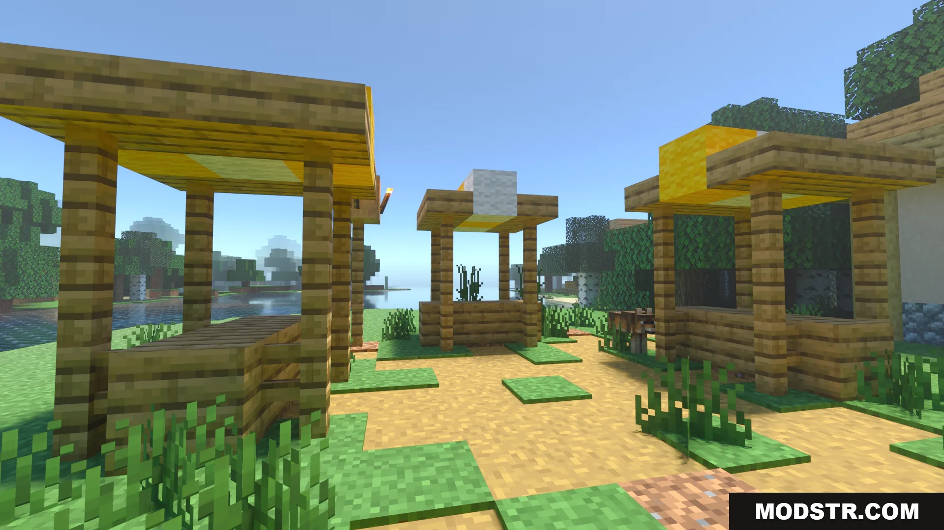 Market stalls with yellow wool roofs showing realistic depth and lighting effects near water