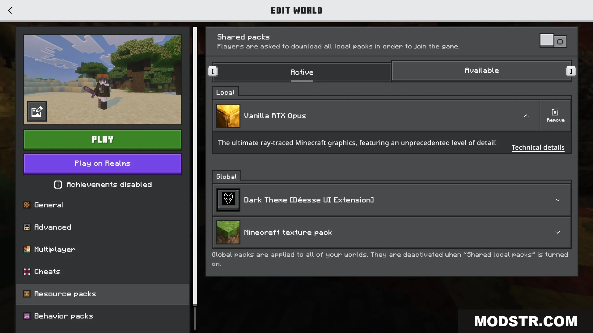 Minecraft Edit World menu showing the Vanilla RTX Opus resource pack active