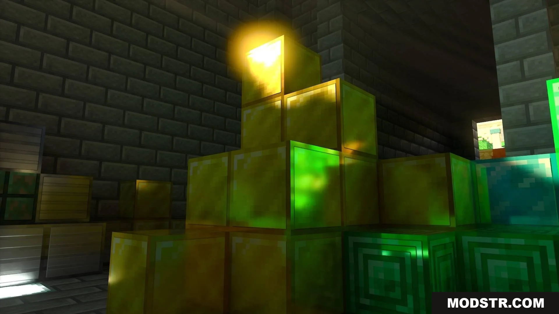 Realistic reflections on stacked gold emerald and diamond blocks in a room