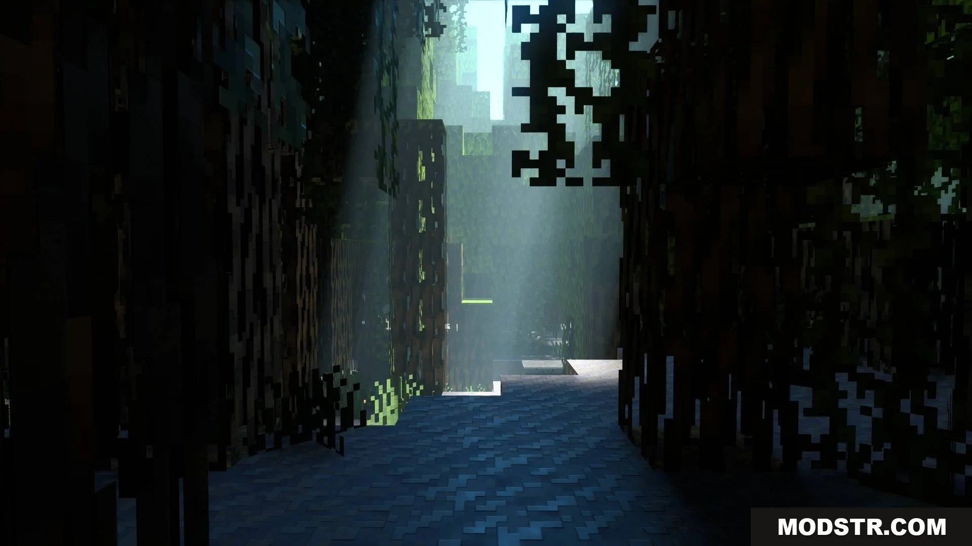 Sunlight rays filtering through trees onto a path with deep ray traced shadows