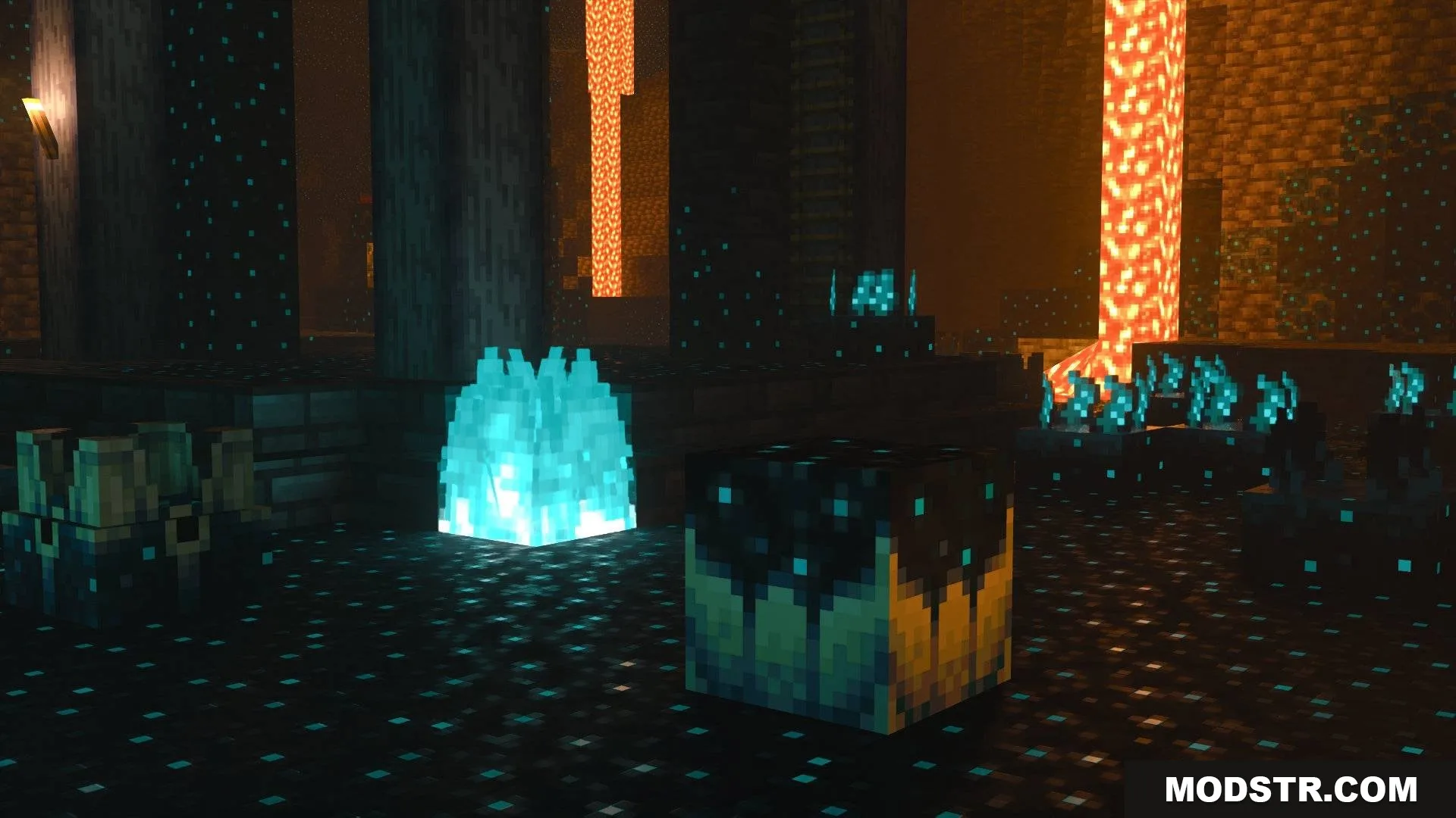 Ray tracing lighting effects on sculk blocks soul fire and lava in caves