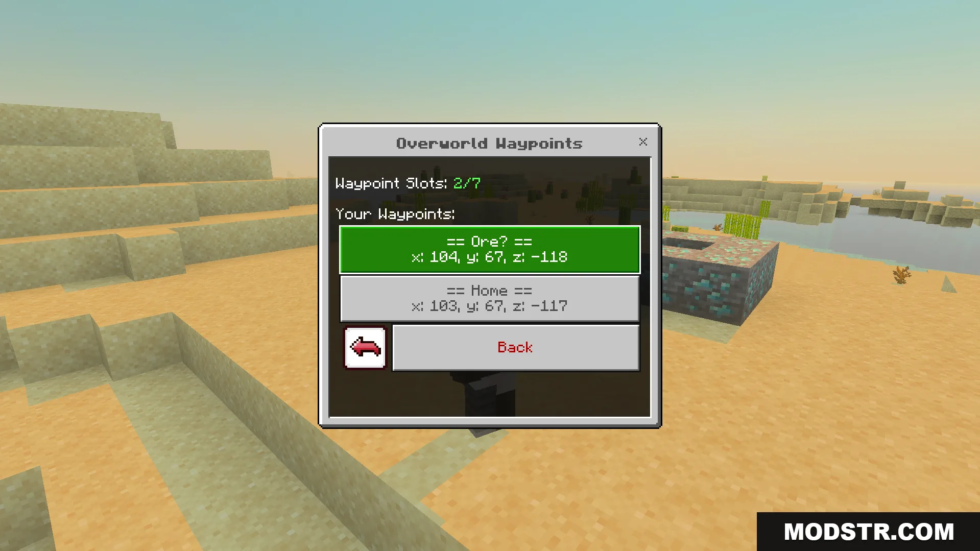 Vanilla Waypoints Addon Screenshot 9 Overworld waypoints menu showing saved locations with exact coordinates for teleportation