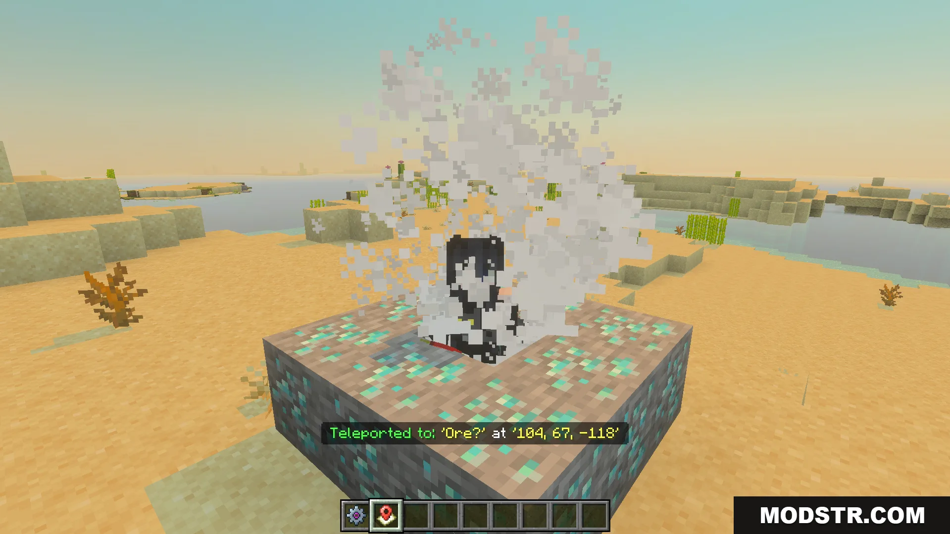 Vanilla Waypoints Addon Screenshot 11 player teleporting instantly to a saved waypoint location with visual smoke particles