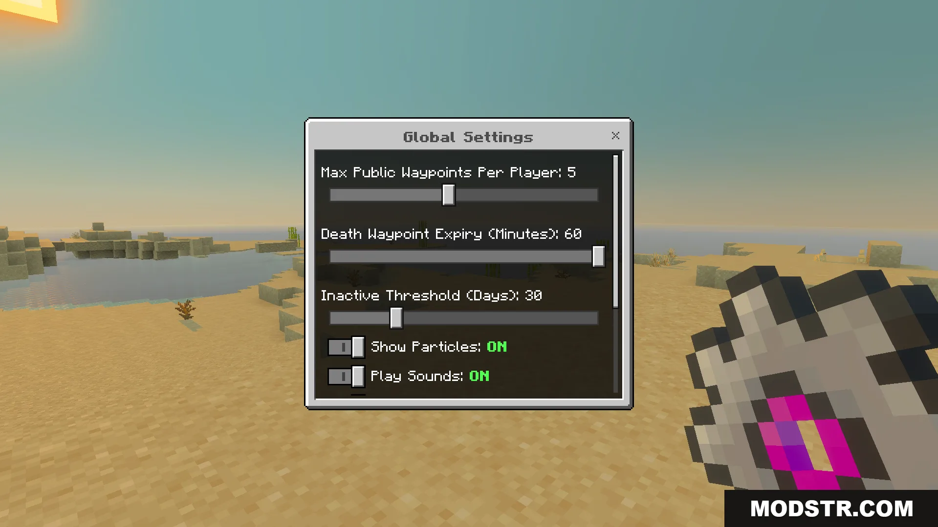 Vanilla Waypoints Addon Screenshot 2 global settings menu adjusting max waypoints death expiry and visual particle toggles