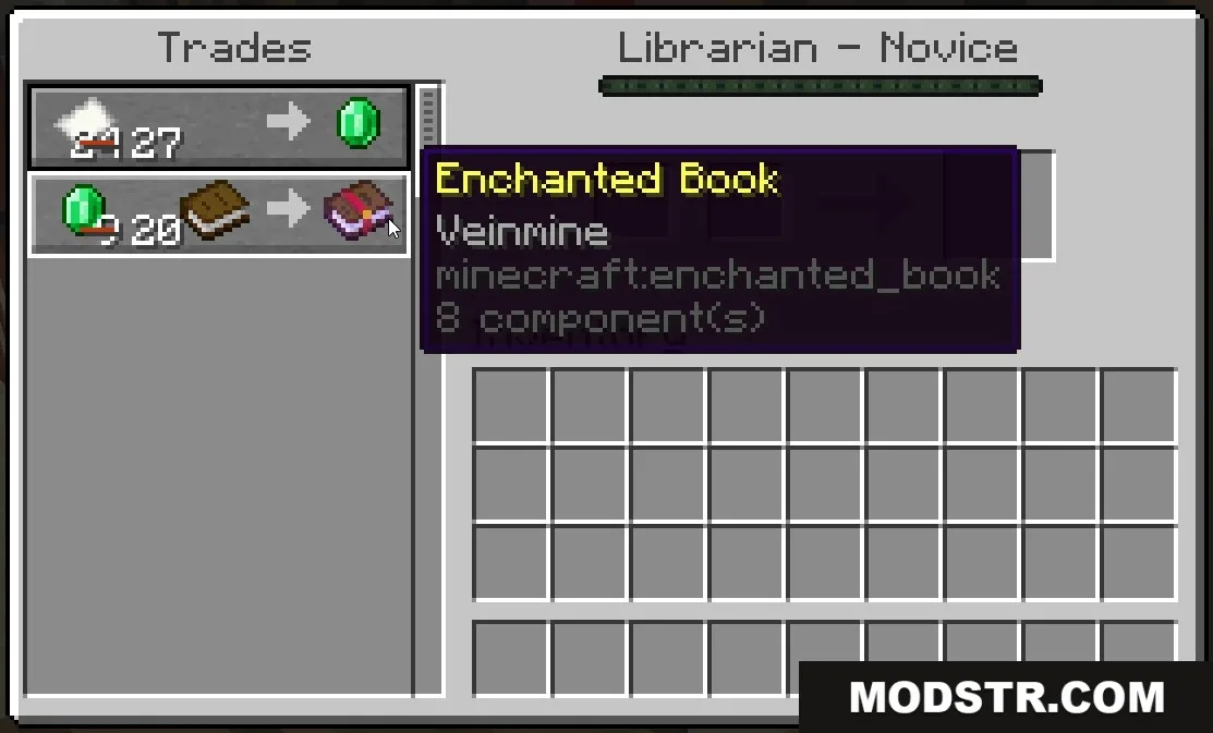 Vein Miner Enchantment Data Pack Screenshot 2 Librarian villager trading interface offering a Veinmine enchanted book for emeralds