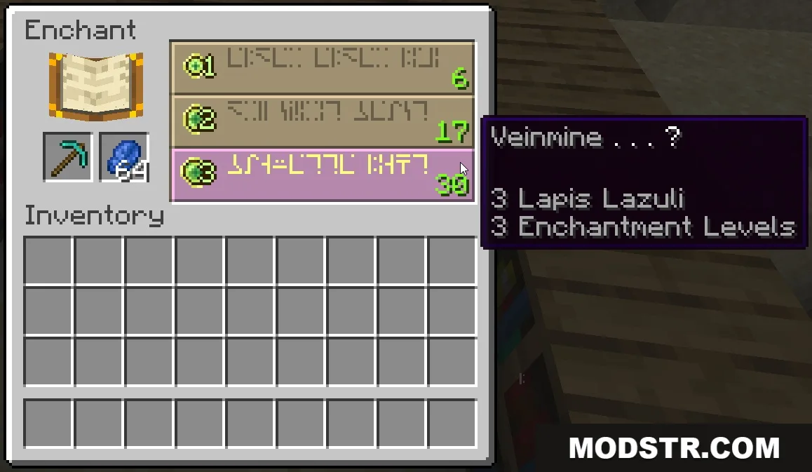 Vein Miner Enchantment Data Pack Screenshot 1 Enchanting table interface showing the Veinmine enchantment option for a diamond pickaxe