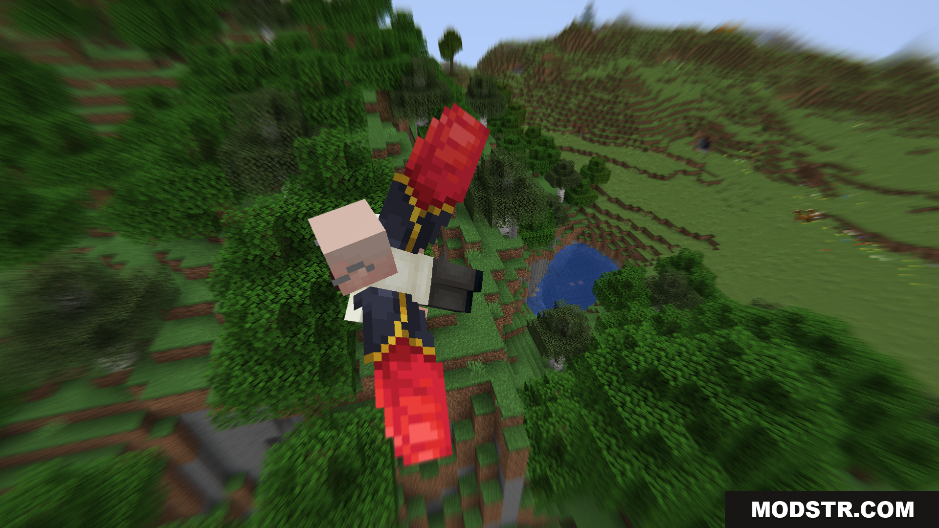 Villager flying with red elytra over a forest