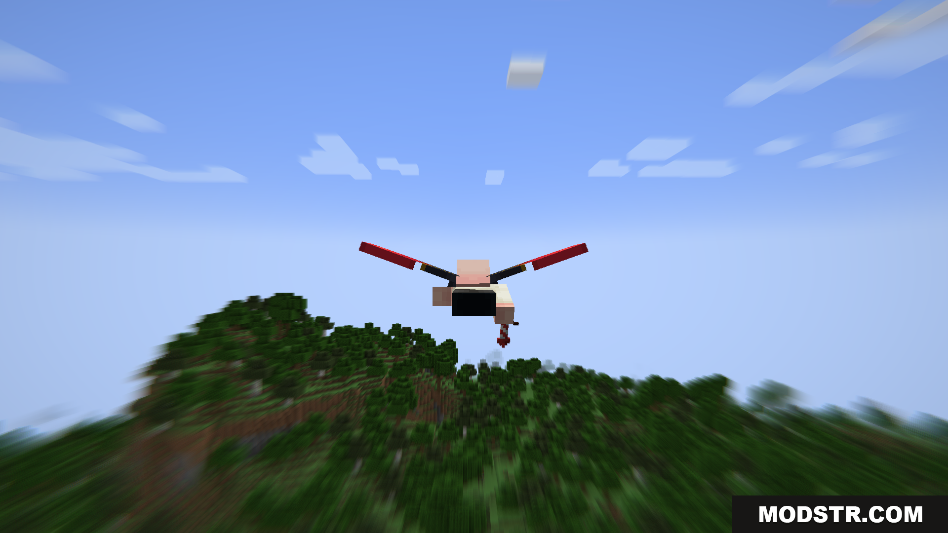Player with red elytra flying over a blurred forest