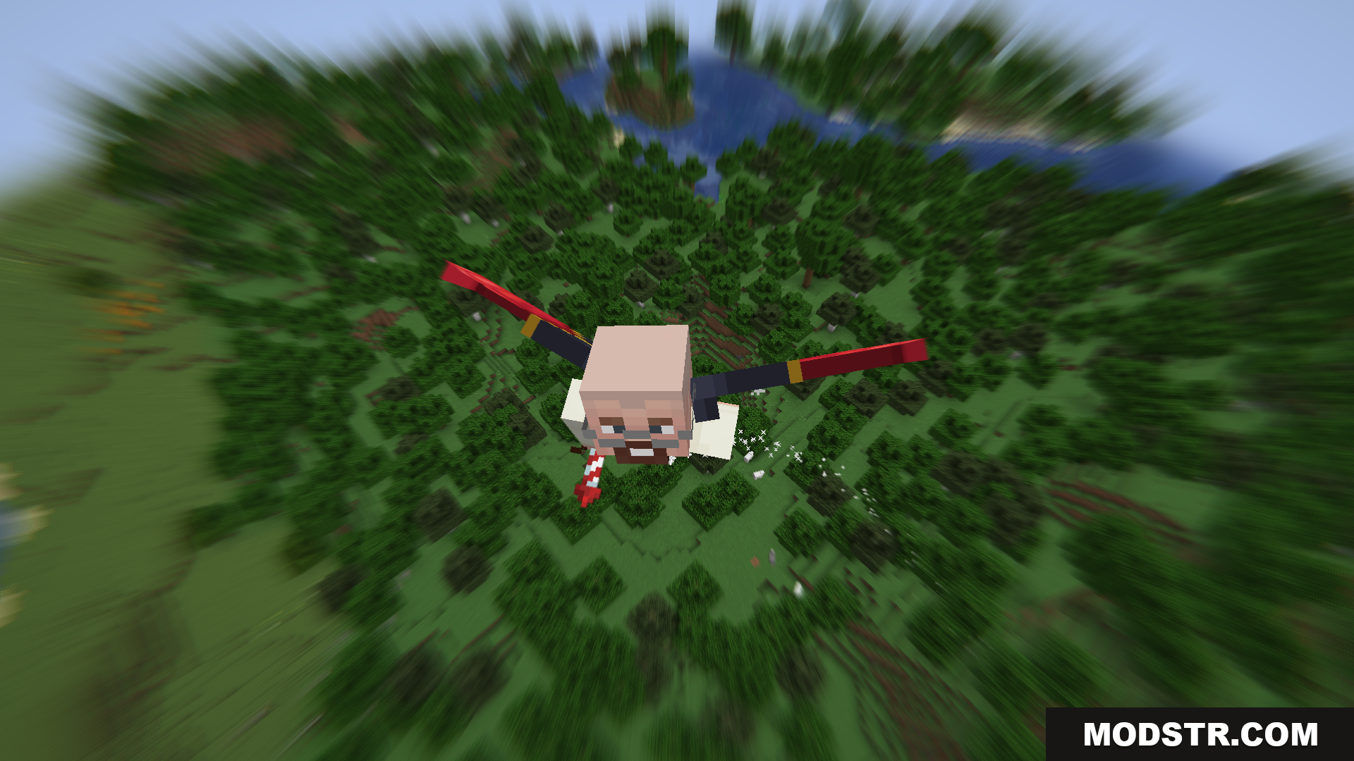 Villager flying at high speed with strong velocity blur effect