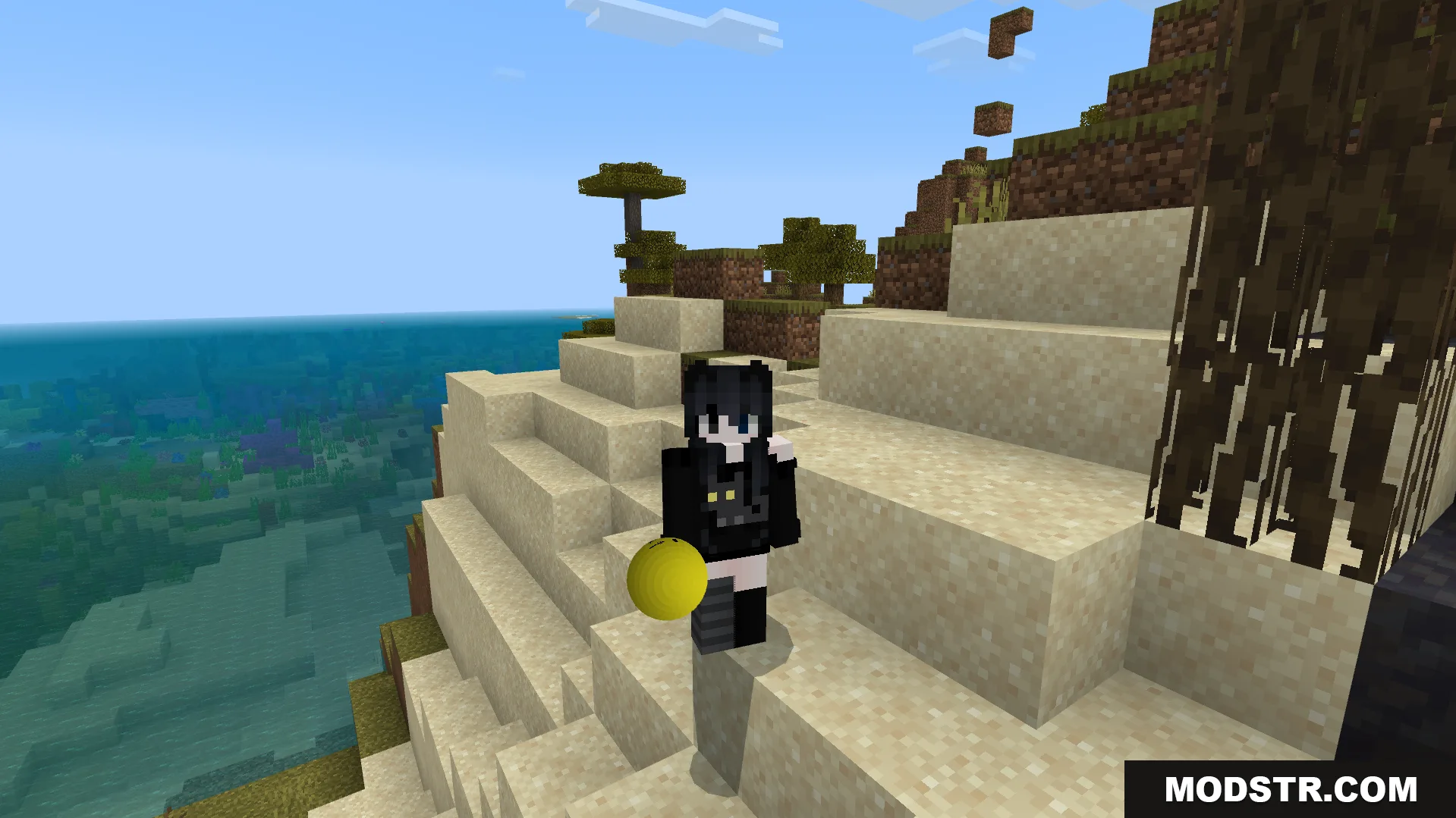 Verity BE Addon Screenshot 4 Player character holding the yellow companion entity while standing on a sandy hill