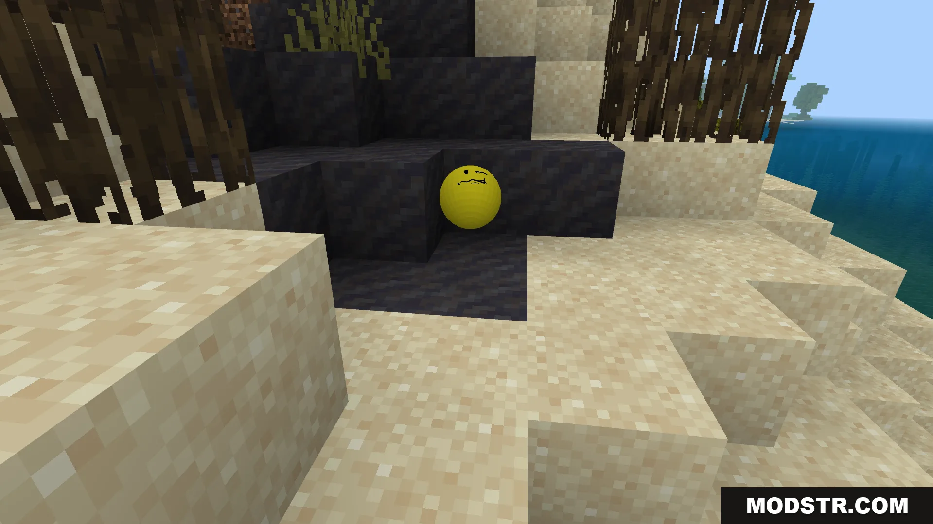 Verity BE Addon Screenshot 3 The mysterious yellow entity from Verity BE Addon resting against dark mud blocks
